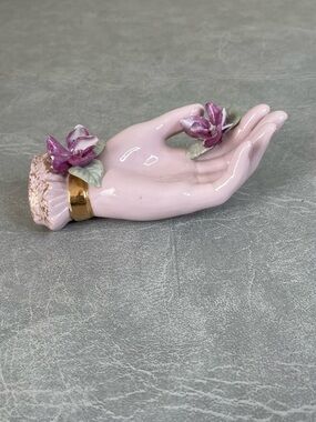 Vintage “Lefton China” Pink Porcelain Hand Figurine w/ Purple Flowers Ring Dish
